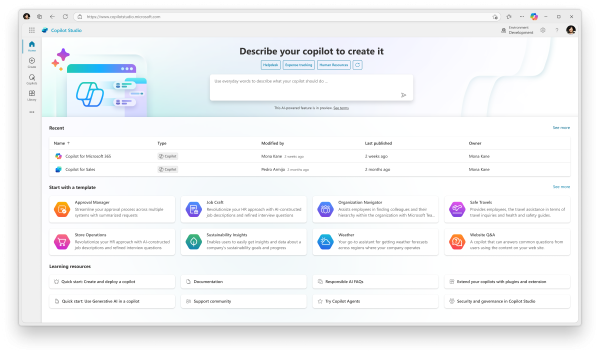 Copilot Studio homepage